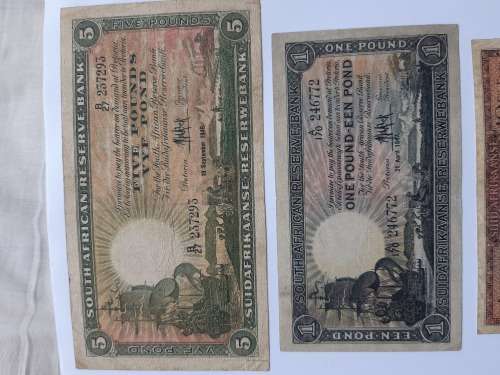 MH De Kock , South African various 1,5, 10 Poundand 10 Shillings  banknotes 1946-1957
